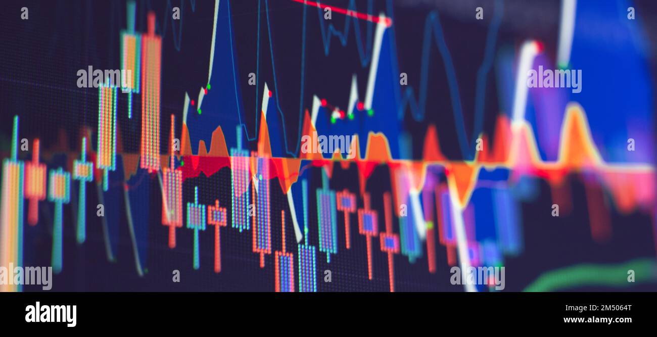 Charts of financial instruments for technical analysis. Stock trading market background as concept. Stock Photo