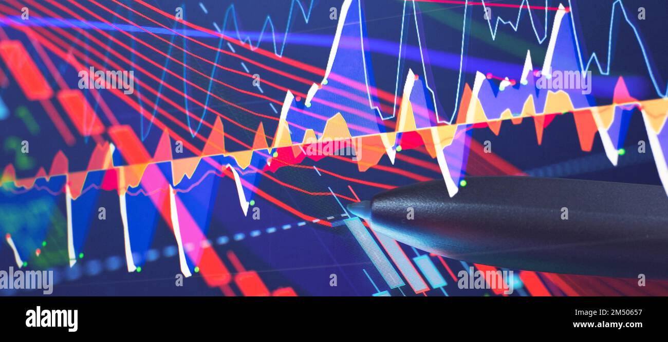 Charts of financial instruments for technical analysis. Stock trading market background as concept. Stock Photo