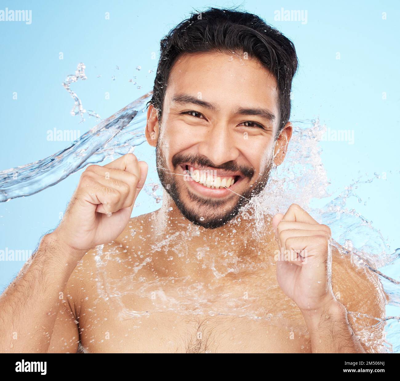Dental, teeth floss and water splash with man in portrait for hygiene, cleaning and oral