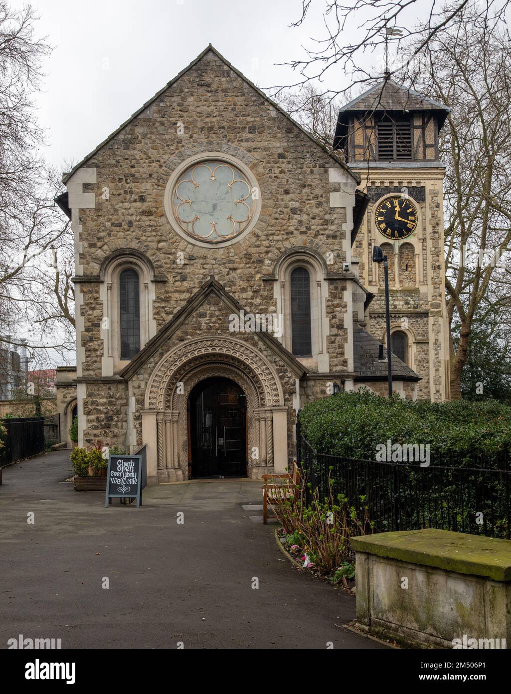 A vertical shot of the St Pancras Old Church just behind the station Stock Photo