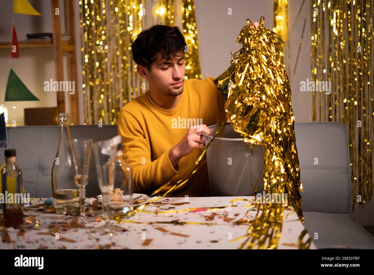 Cleaning in room after New Year party. Copy space Stock Photo