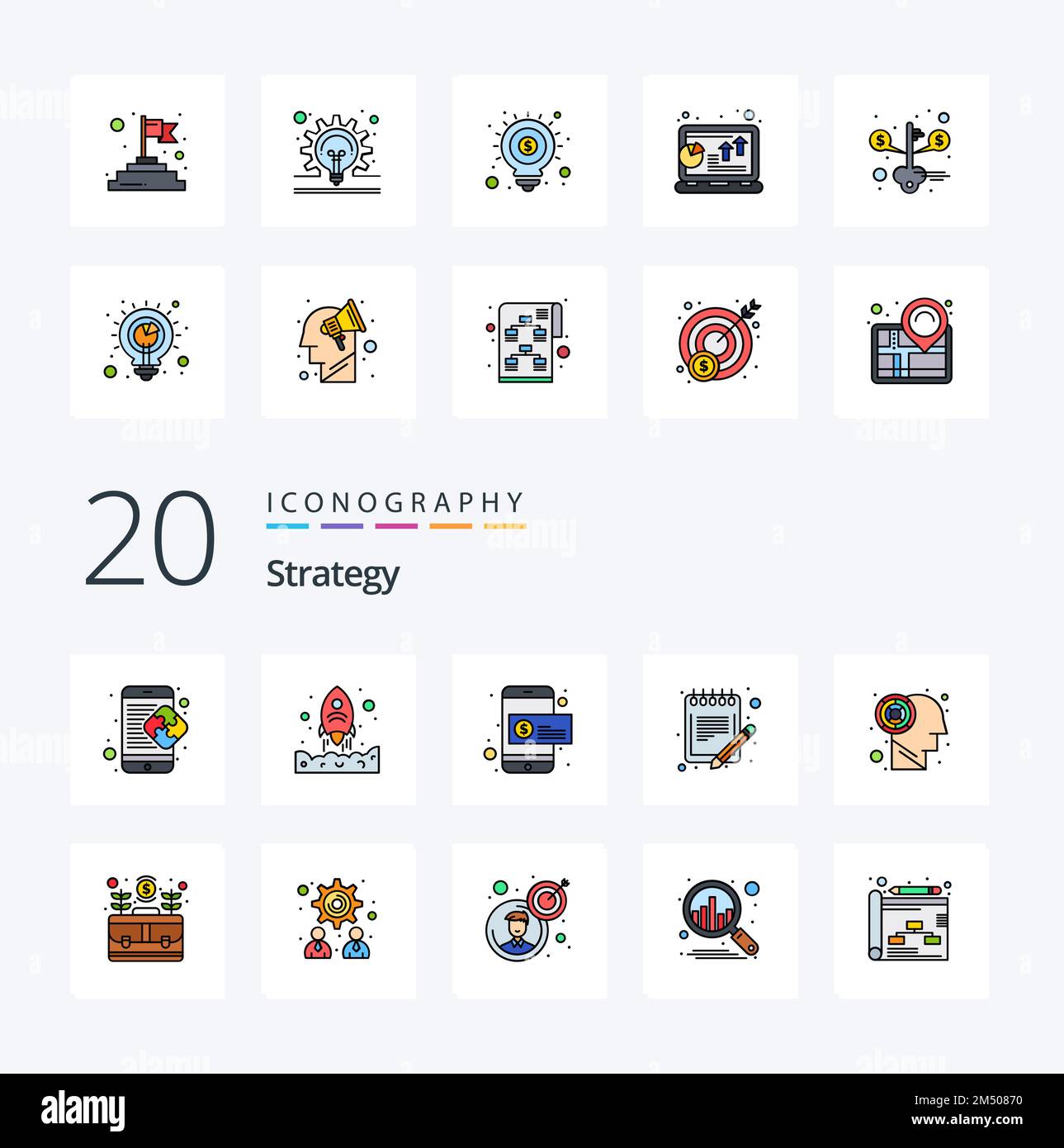 20 Strategy Line Filled Color icon Pack like sheet paper up order money ...