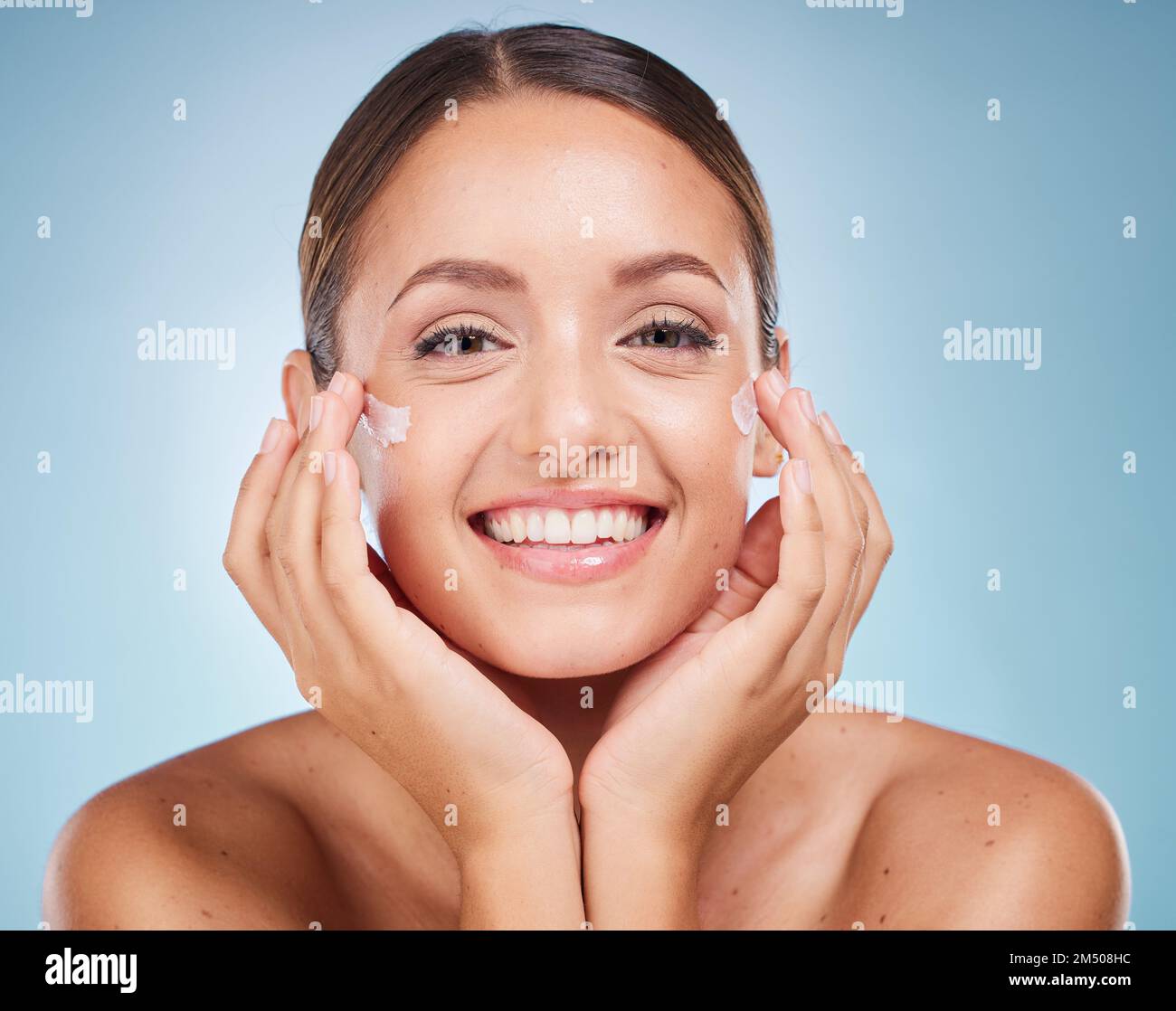 Beauty, face and cream with skincare and woman with hands frame, glow