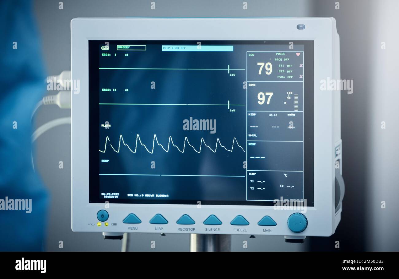 Healthcare, hospital and electrocardiogram monitor or screen. Medical