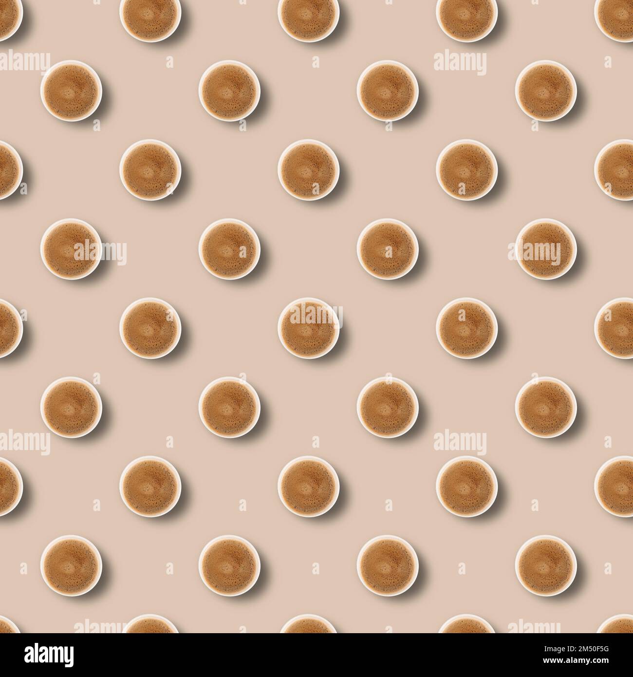 Seamless pattern with black aromatic coffee in a paper craft cup on a brown background. Top view. The concept of eco and zero waste. Eco-friendly use. Stock Photo