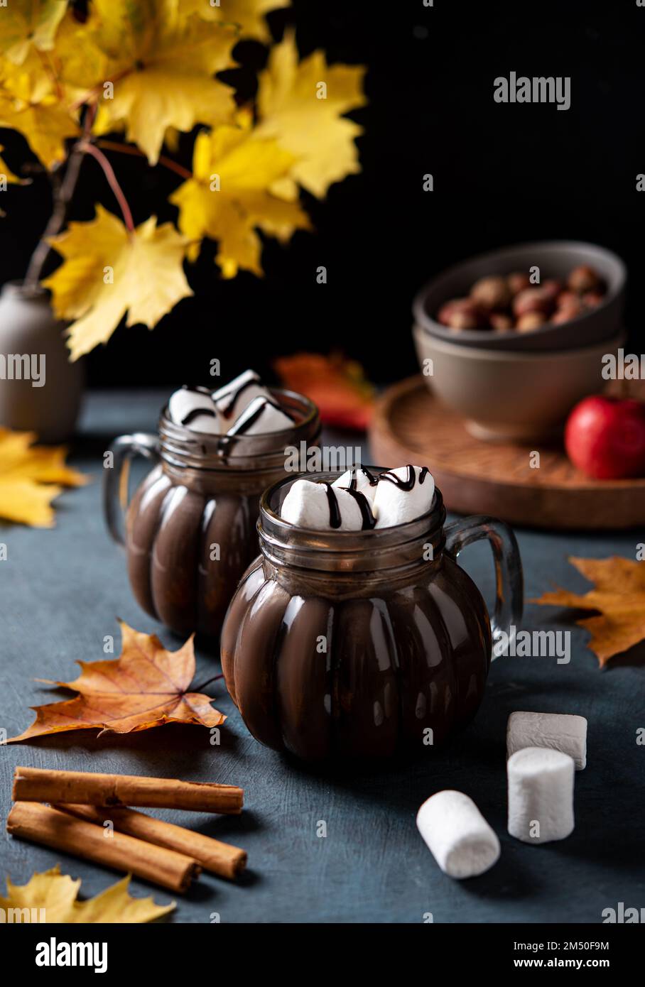 Two cups of aroma hot chocolate with marshmallows on a dark background with autumn maple leaves. Concept cozy drink. Front view and close up. Stock Photo