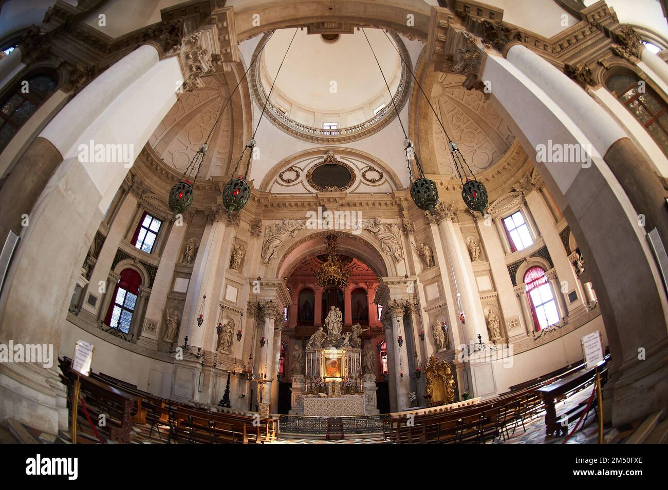 Interior view taken with fisheye of the altar of the Basilica Santa Maria della Salute, Venice, Italy, Veneto Stock Photo