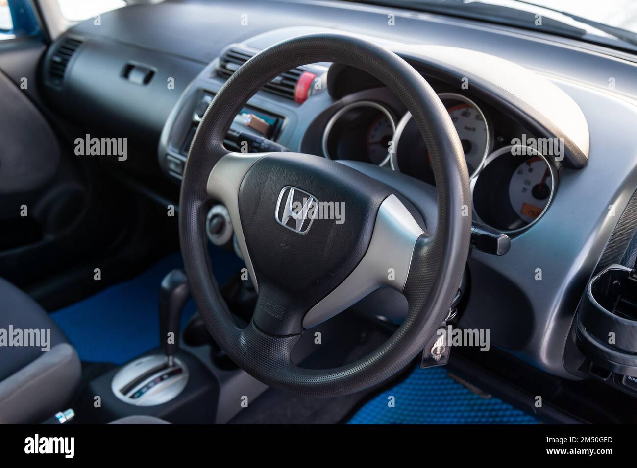 Novosibirsk, Russia - 12.09.2022: Honda fit car interior view through the opened doors. Stock Photo