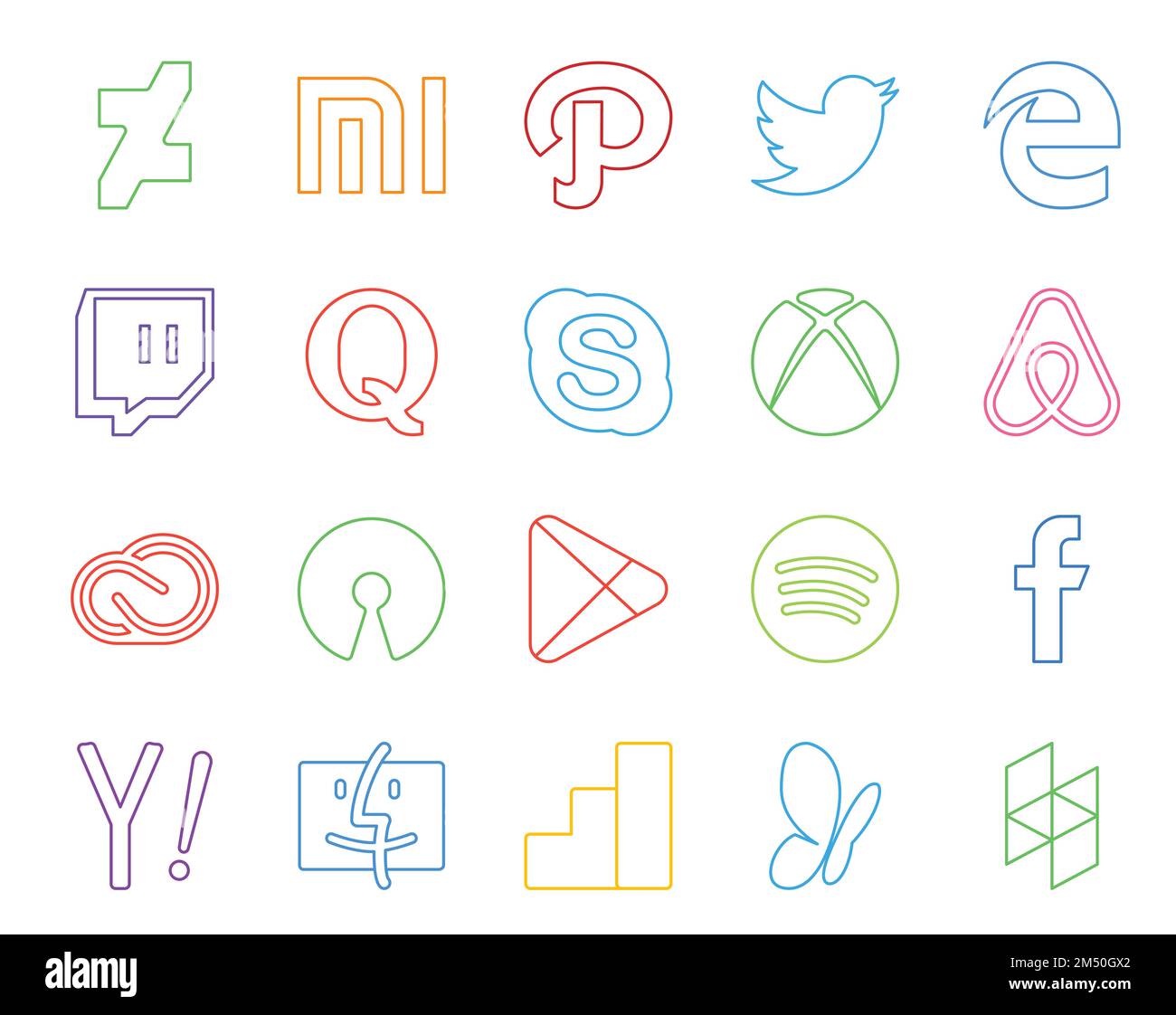 20 Social Media Icon Pack Including google play. adobe. question. cc. air bnb Stock Vector