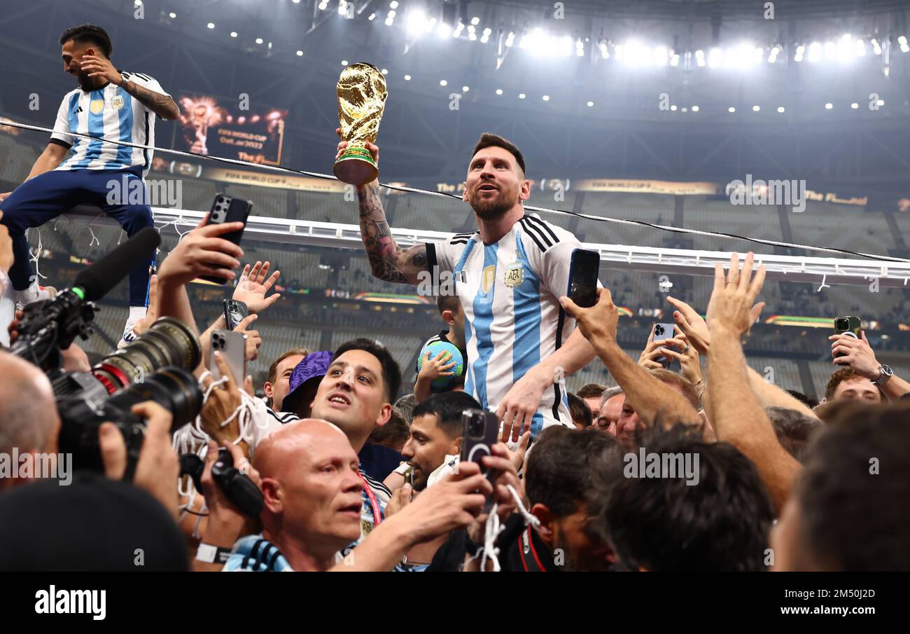 Doha, Qatar, 18th December 2022.  Lionel Messi of Argentina with the World Cup during the FIFA World Cup 2022 match at Lusail Stadium, Doha. Picture c Stock Photo