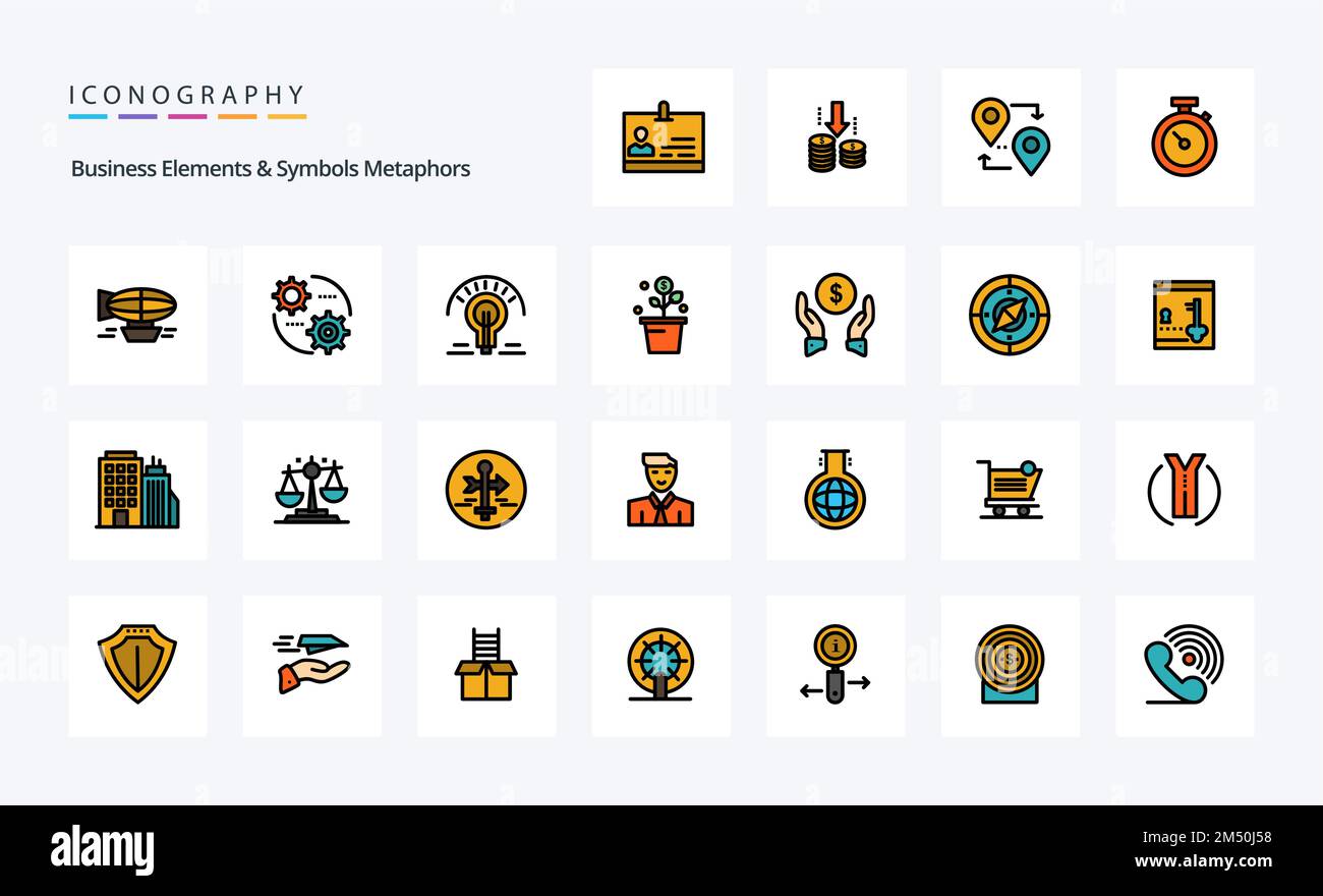 25 Business Elements And Symbols Metaphors Line Filled Style icon pack Stock Vector