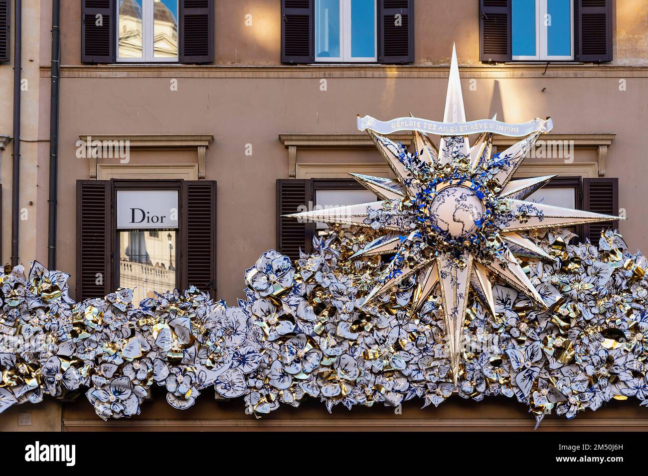 Dior store in Piazza di Spagna (Spanish Steps) front shop. Fashion boutique. Luxurious shopping. Christmas decorations. Rome, Italy, Europe, EU. Stock Photo