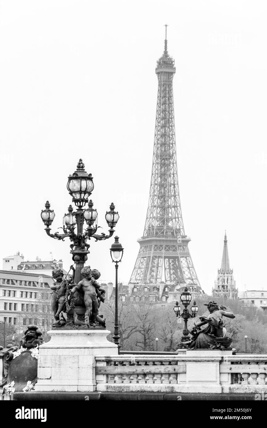 A grayscale vertical view of the Eiffel Tower from Pont Alexandre III Bridge in Paris, France Stock Photo