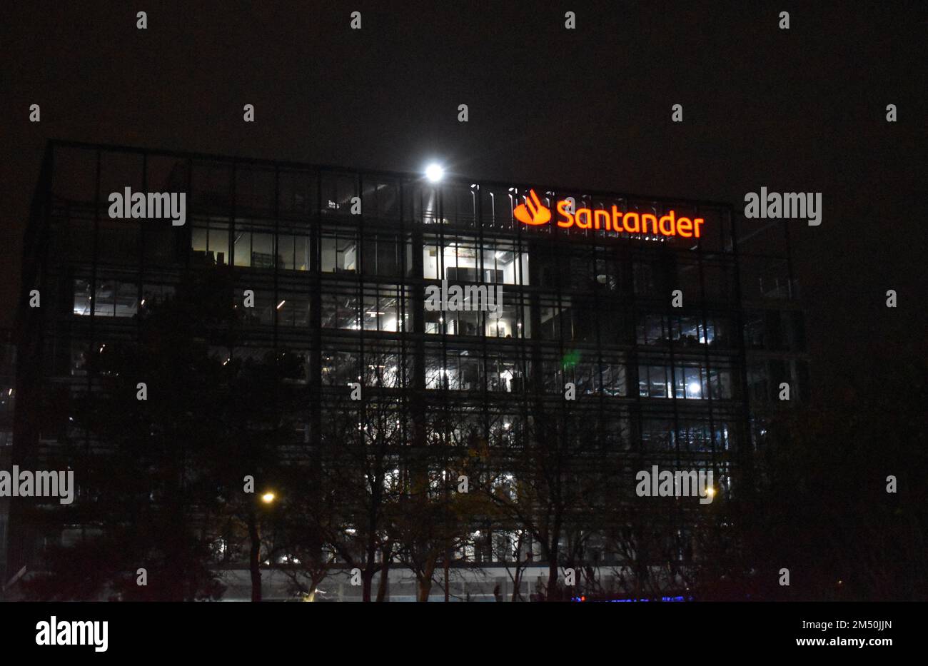 The Santander office building in Central Milton Keynes at night. Stock Photo