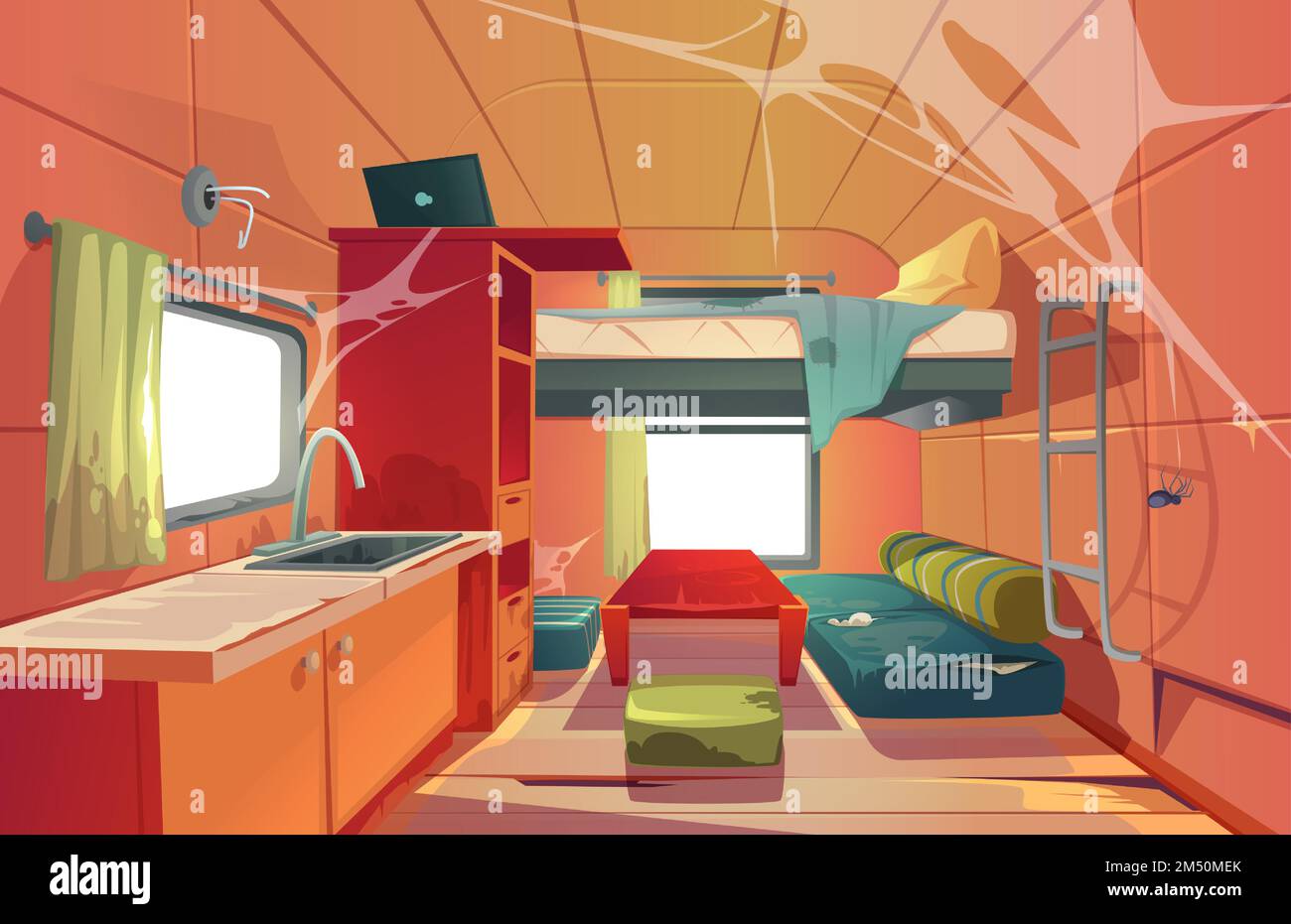 Abandoned camping trailer car interior with loft bed, ragged couch, kitchen sink, desk with laptop, bookshelf and window covered with spider web. Neglected Rv motor home. Cartoon vector illustration Stock Vector
