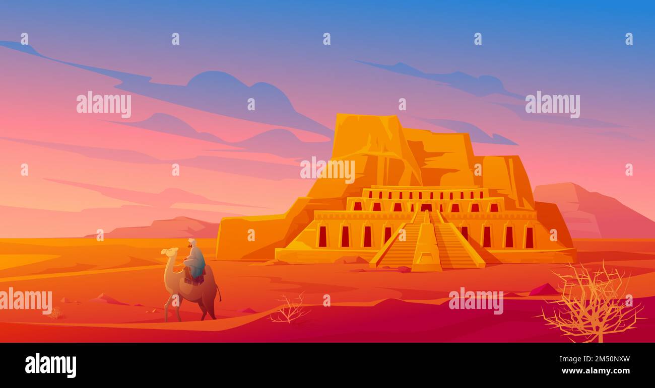 Egypt desert with Hatshepsut temple, camel with arab, mountain and tumbleweed. Vector cartoon landscape of egyptian ancient landmark. Pharaoh tomb in Sahara at sunset Stock Vector
