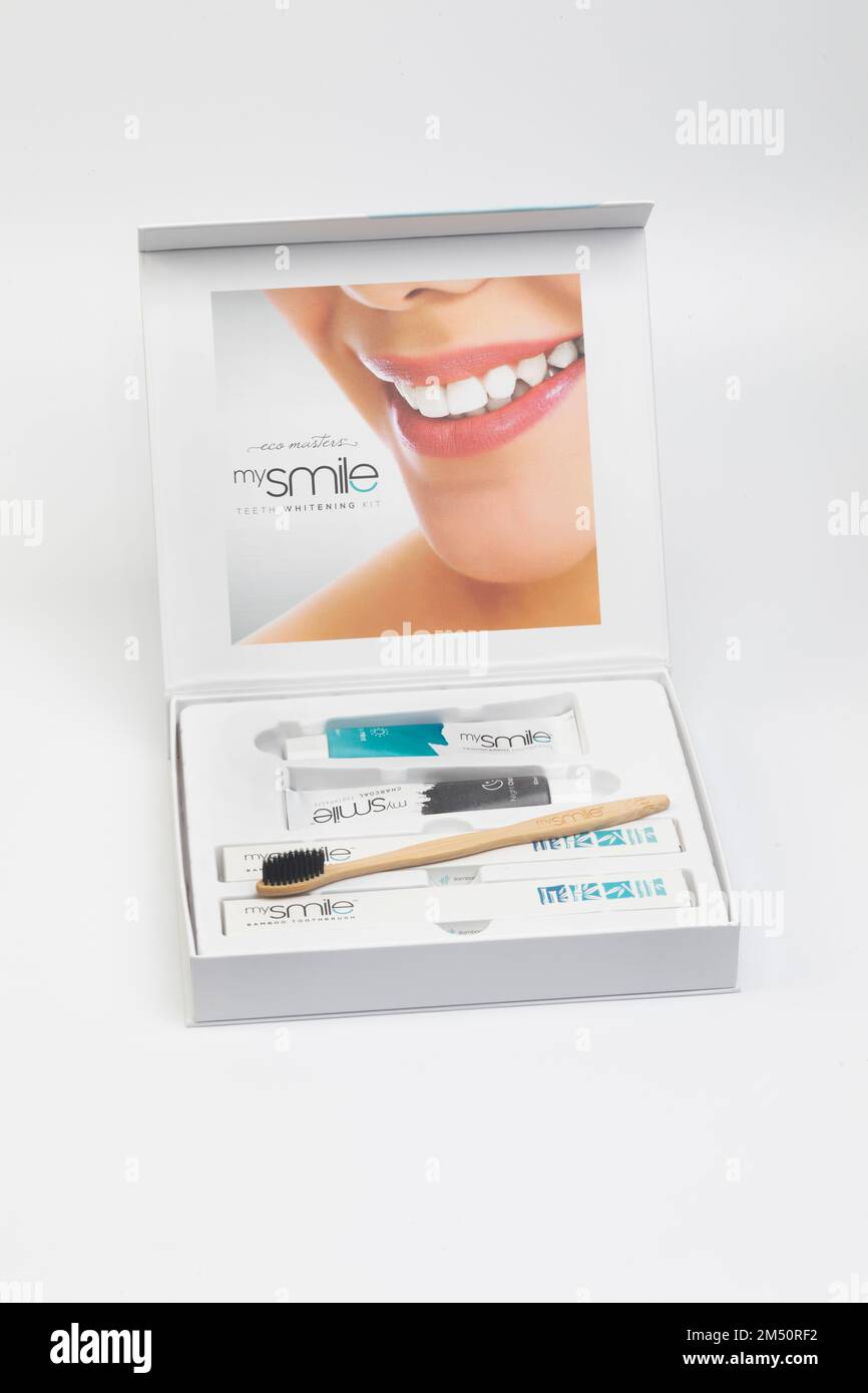A mysmile teeth whitening kit and tooth brush Stock Photo