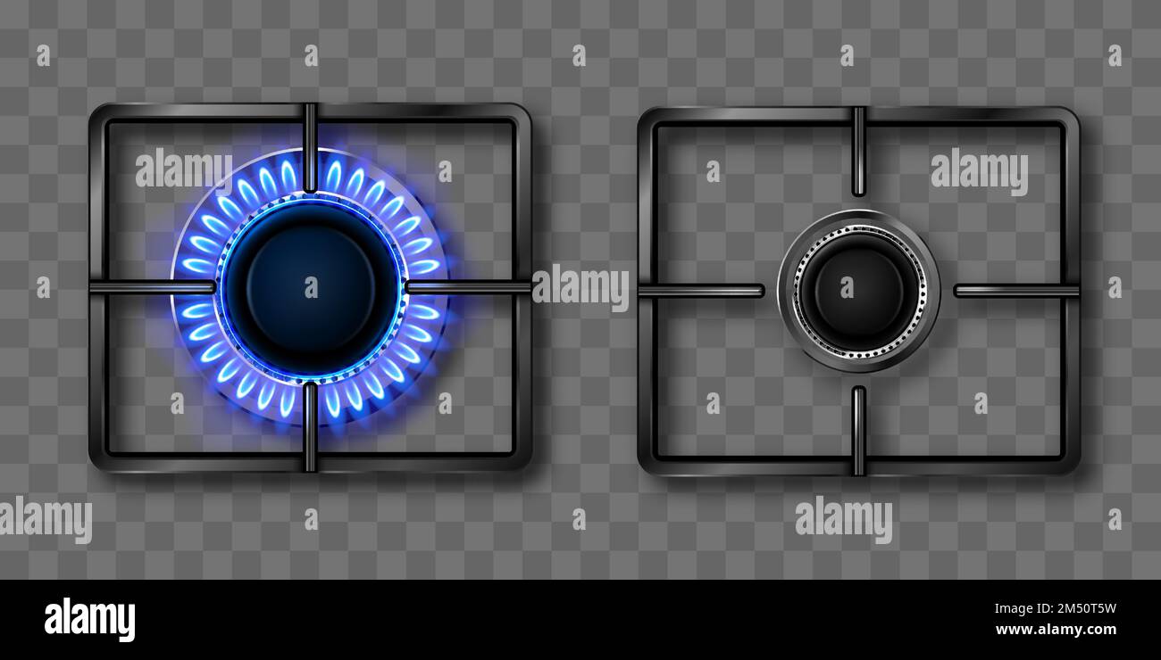 Gas burner with blue flame and black steel grate. Kitchen stove with lit and off hob. Vector realistic set of burning propane butane in oven for cooking top view isolated on transparent background Stock Vector