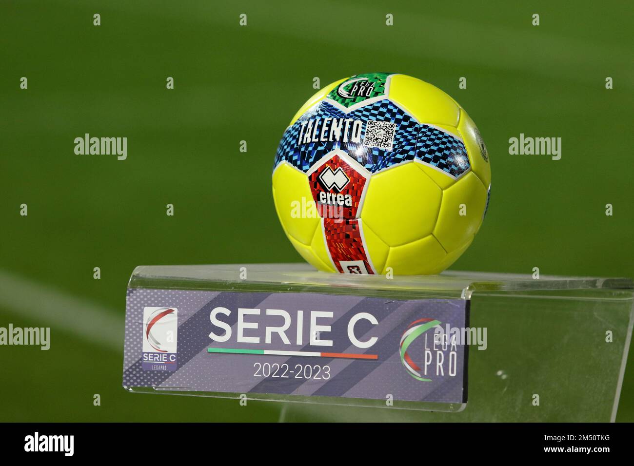 Close-up of the official ball, yellow winter version, of the Italian Serie C Lega Pro. Italian football. Italy. High quality photo Stock Photo