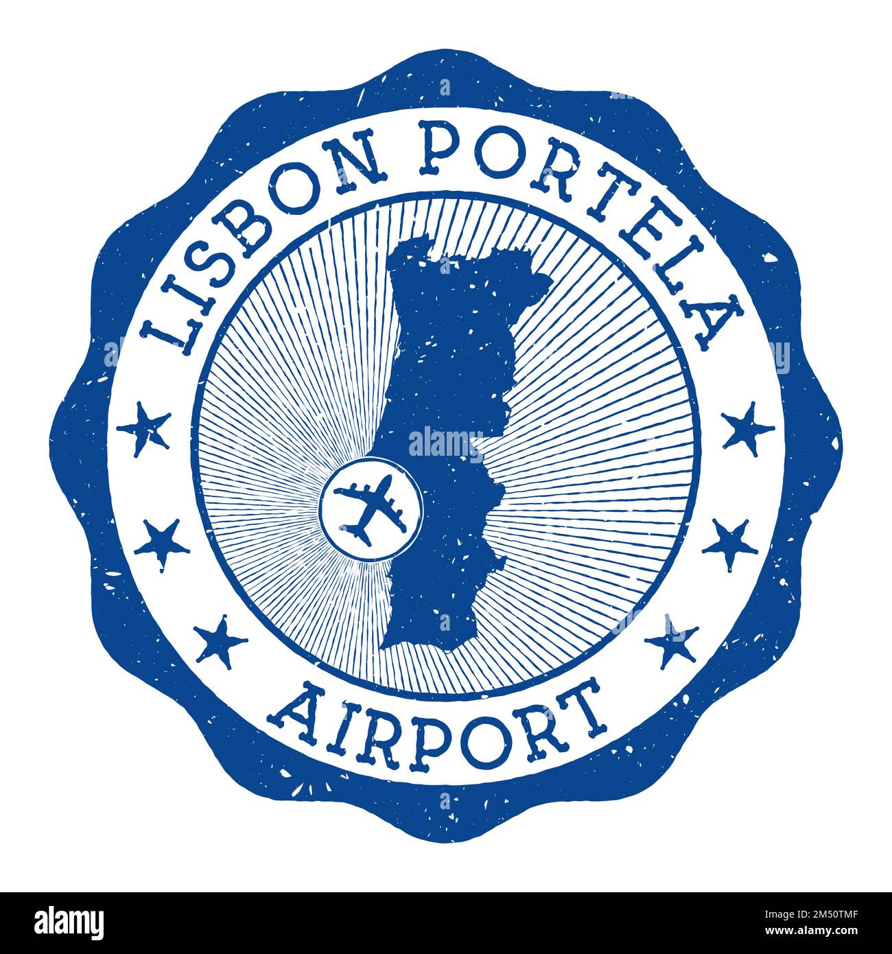 Lisbon Portela Airport stamp. Airport of Lisbon round logo with location on Portugal map marked by airplane. Vector illustration. Stock Vector
