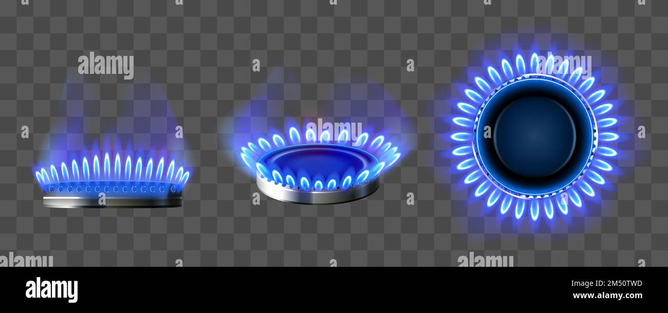 Gas burner with blue flame. Glowing fire ring on kitchen stove in top and side view. Vector realistic mockup of burning propane butane in oven for cooking isolated on transparent background Stock Vector