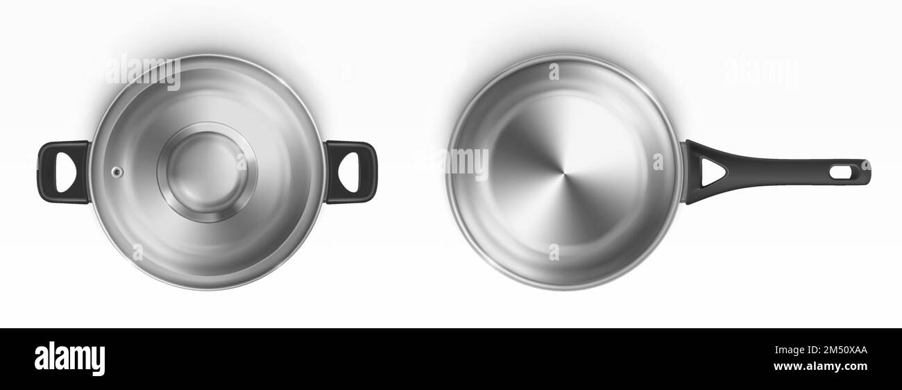 Steel pot and cooking pan top view. Empty open metal saucepan with