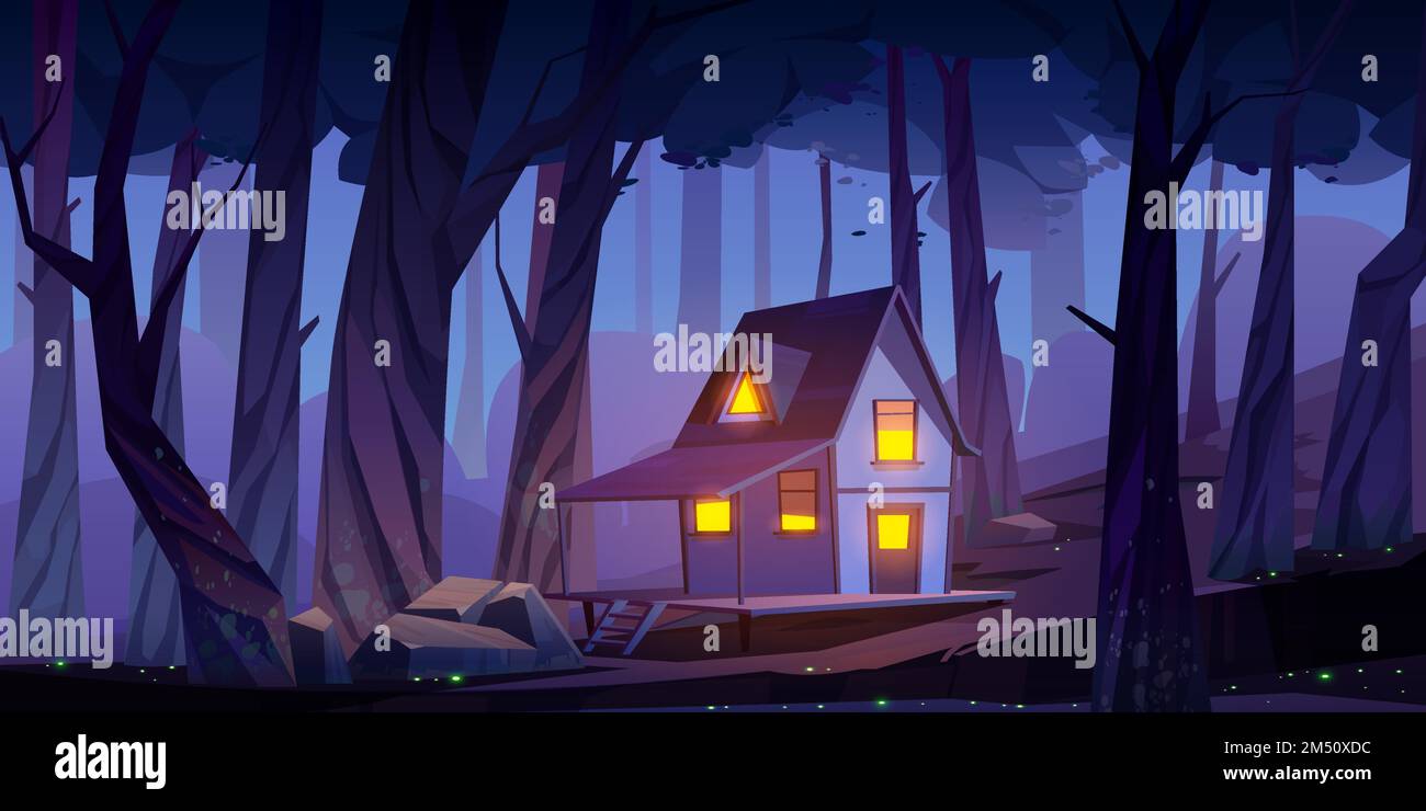 Wooden stilt house in night forest. Old shack with glow windows and terrace  stand on piles in deep wood with fireflies around. Witch hut on fantasy  game, mystic background, Cartoon vector illustration