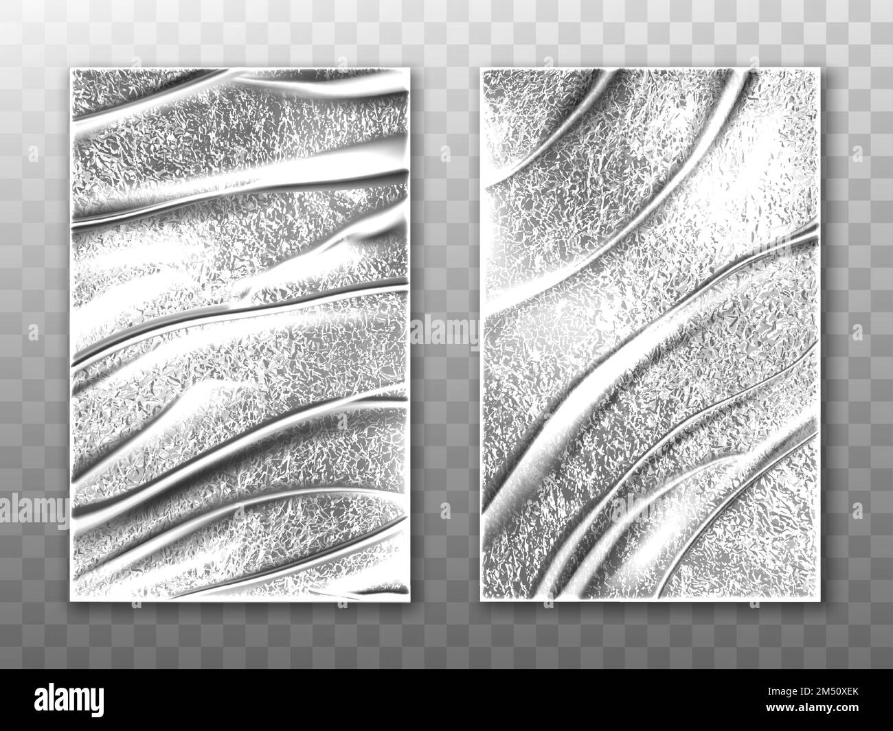 Foil sheets, silver stretch film for wrapping food and protection packaging. Vector realistic mockup of crumpled aliminum foil with rough surface texture and folds isolated on transparent background Stock Vector