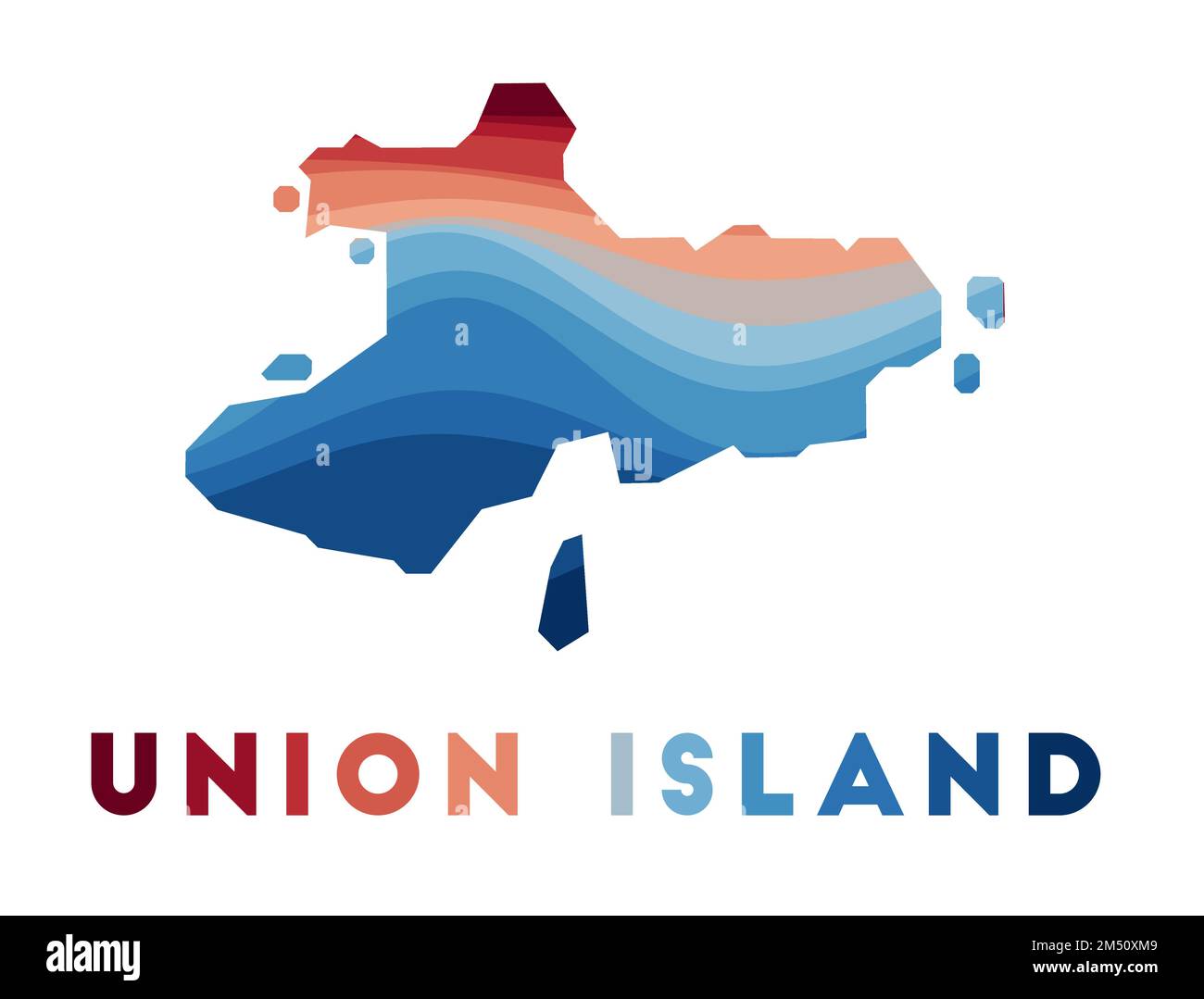 Union Island map. Map of the island with beautiful geometric waves in red blue colors. Vivid Union shape. Vector illustration. Stock Vector