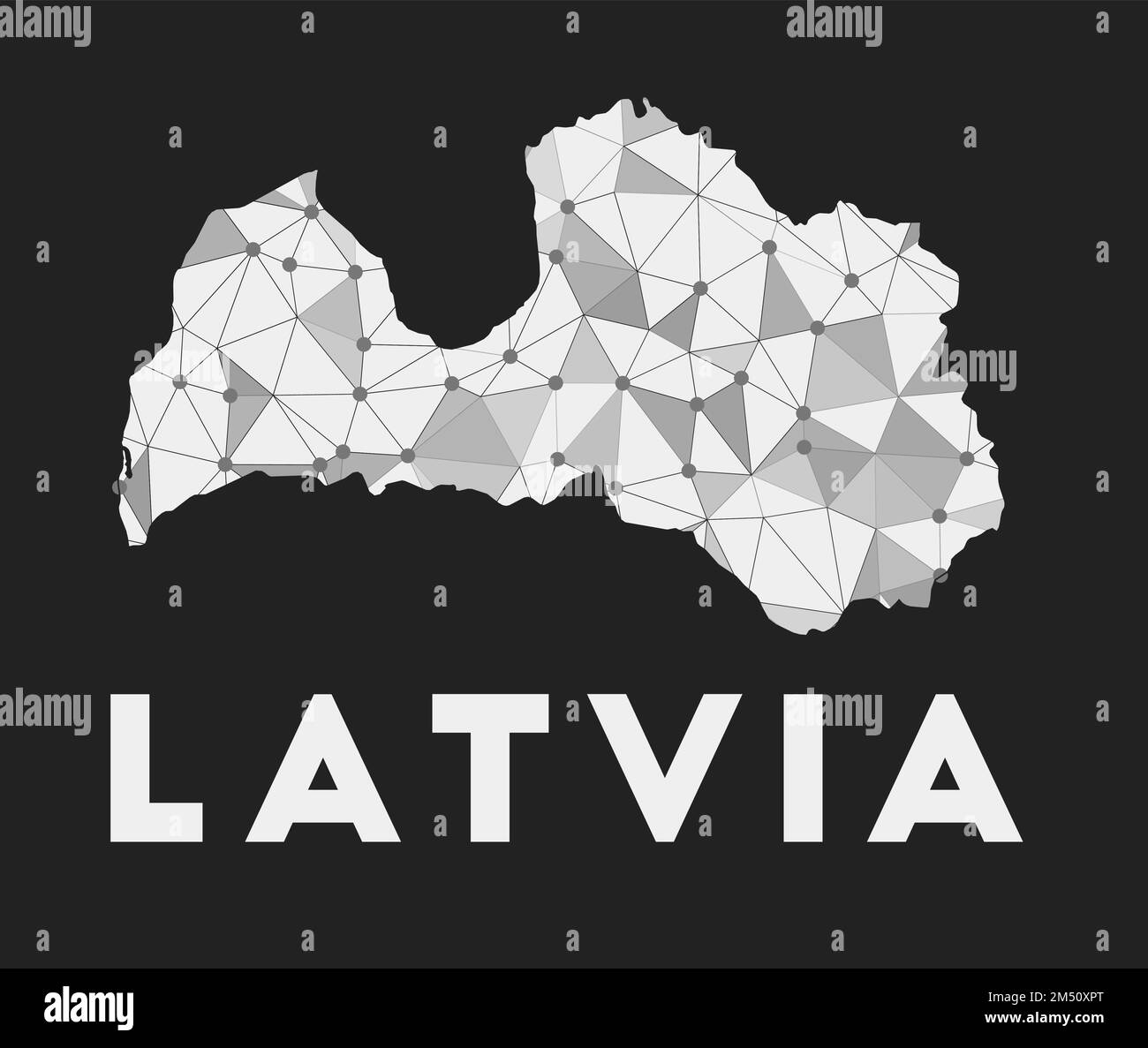 Latvia - communication network map of country. Latvia trendy geometric design on dark background. Technology, internet, network, telecommunication con Stock Vector