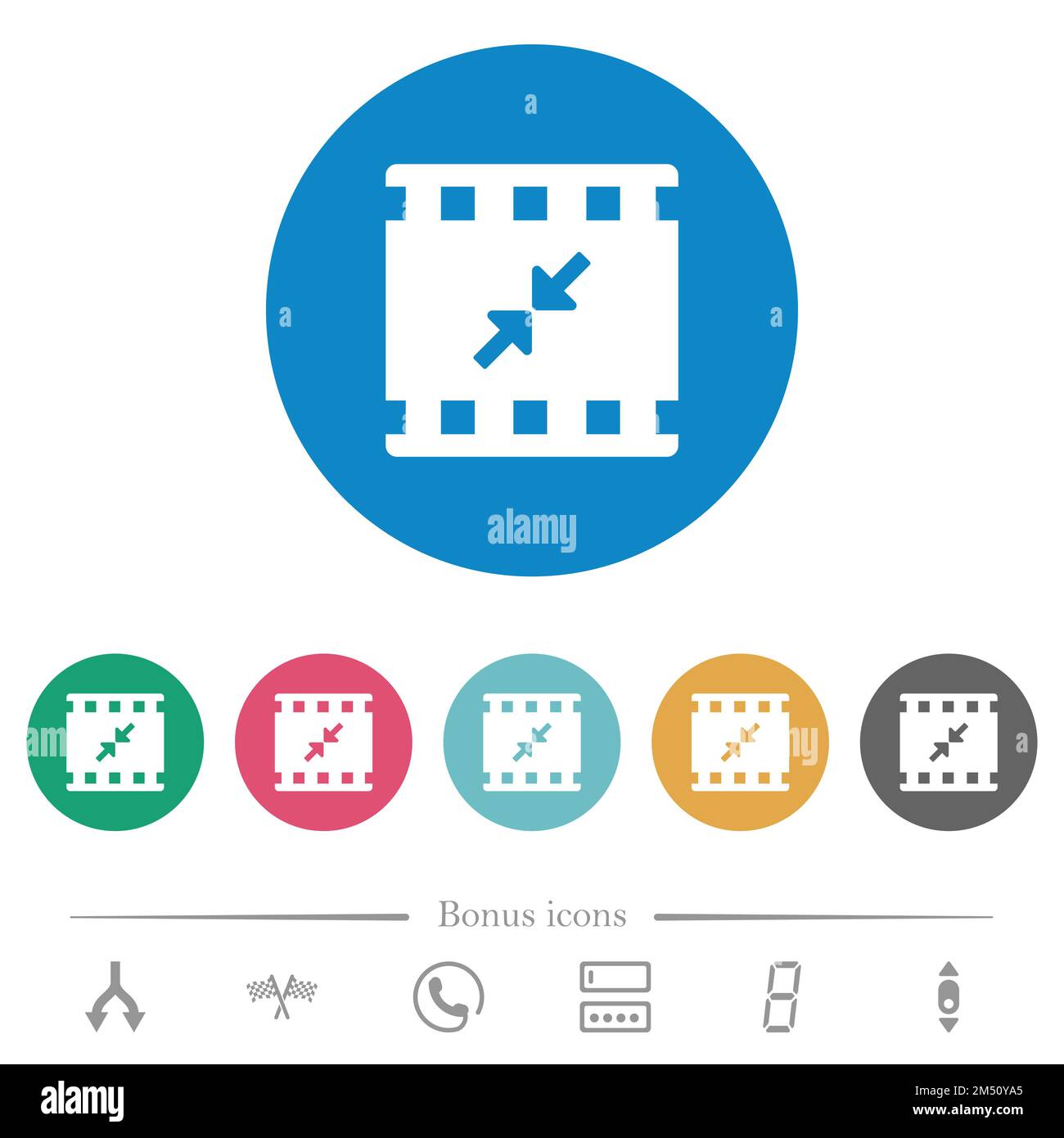 Movie resize small flat white icons on round color backgrounds. 6 bonus ...