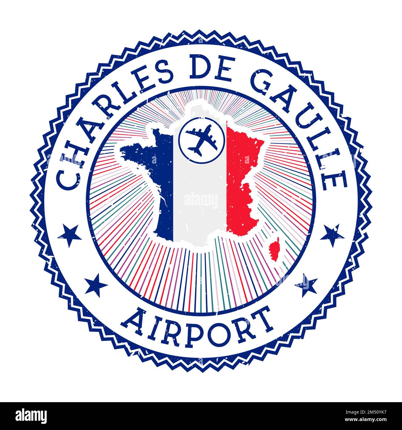 Charles de Gaulle Airport stamp. Airport logo vector illustration. Paris aeroport with country flag. Stock Vector