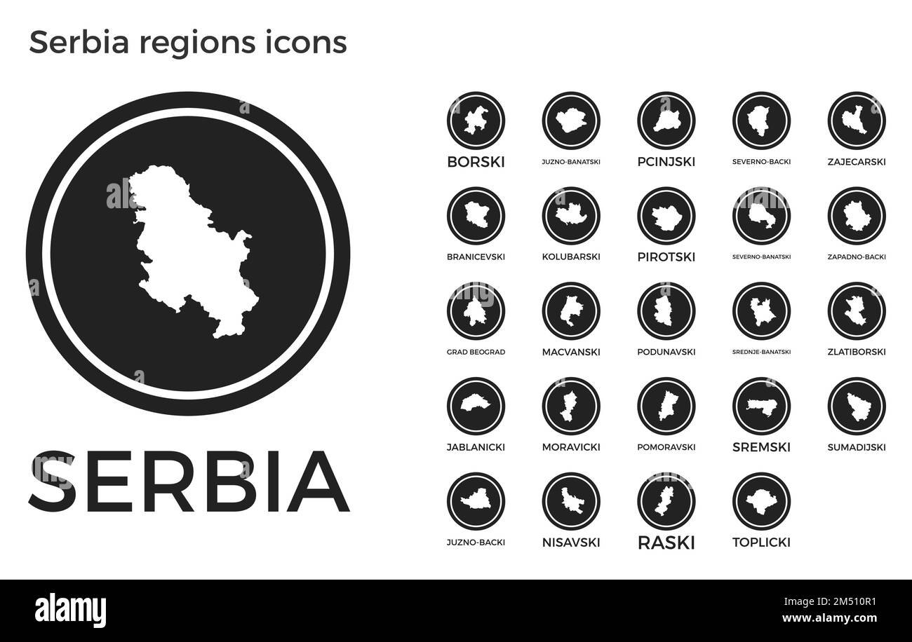 Serbia regions icons. Black round logos with country regions maps and titles. Vector illustration. Stock Vector