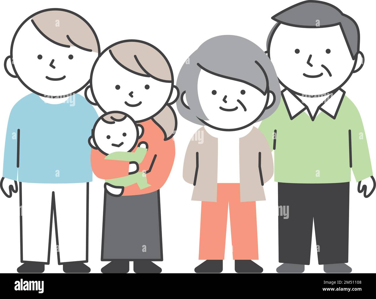 Three generations of family standing side by side. Grandparents, father, mother and baby. Stock Vector