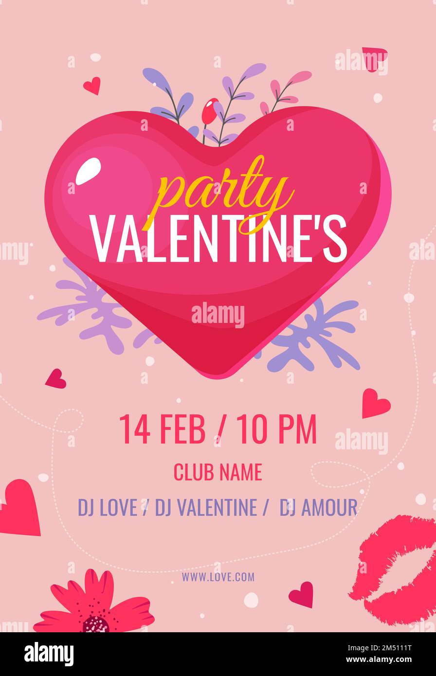 valentines day party poster on pink background with hearts and ...
