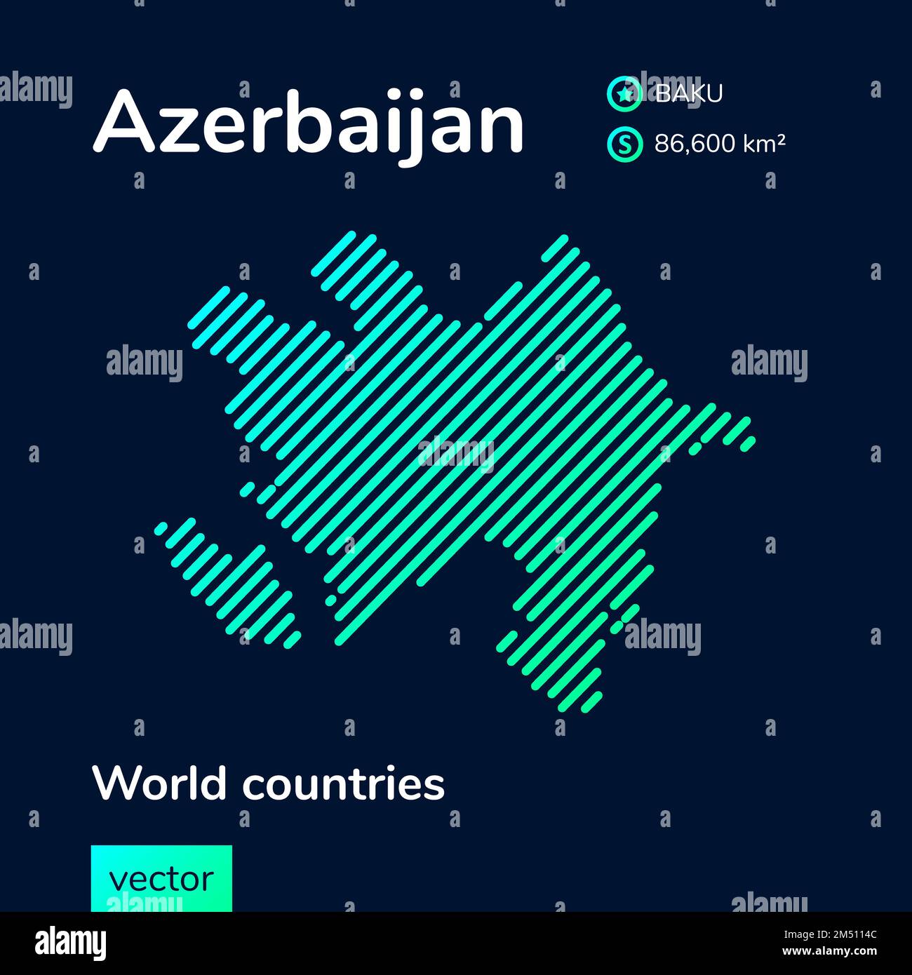 Vector creative digital neon flat line art abstract simple map of Azerbaijan with green, mint, turquoise striped texture on dark blue background. Educ Stock Vector