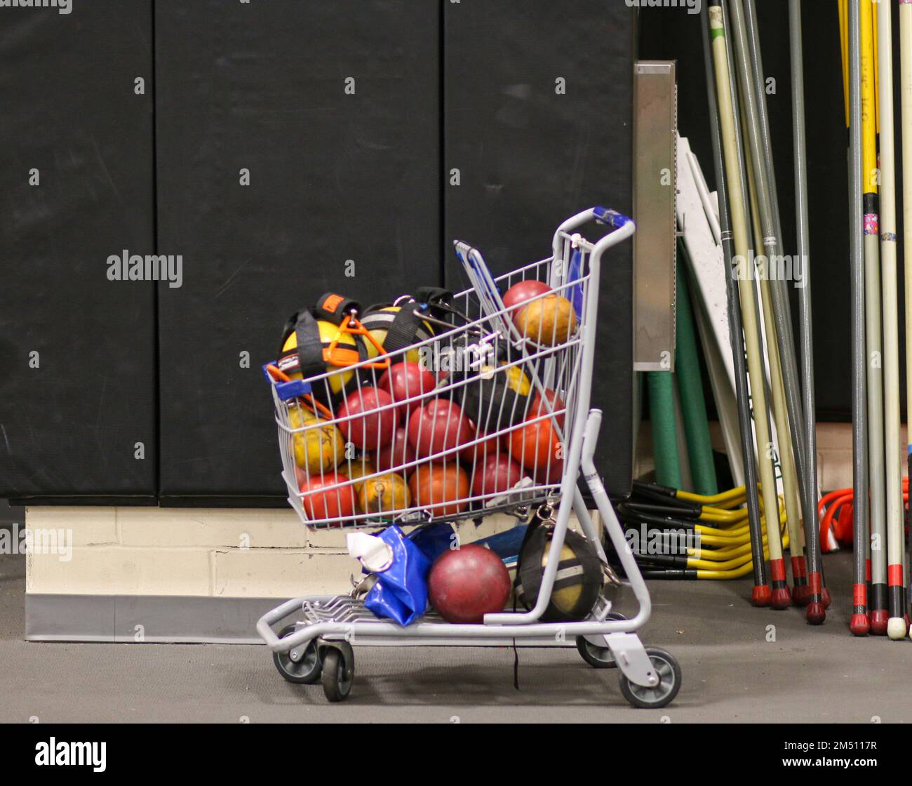 Shopping cart storing shot puts and weights for track and field indoor