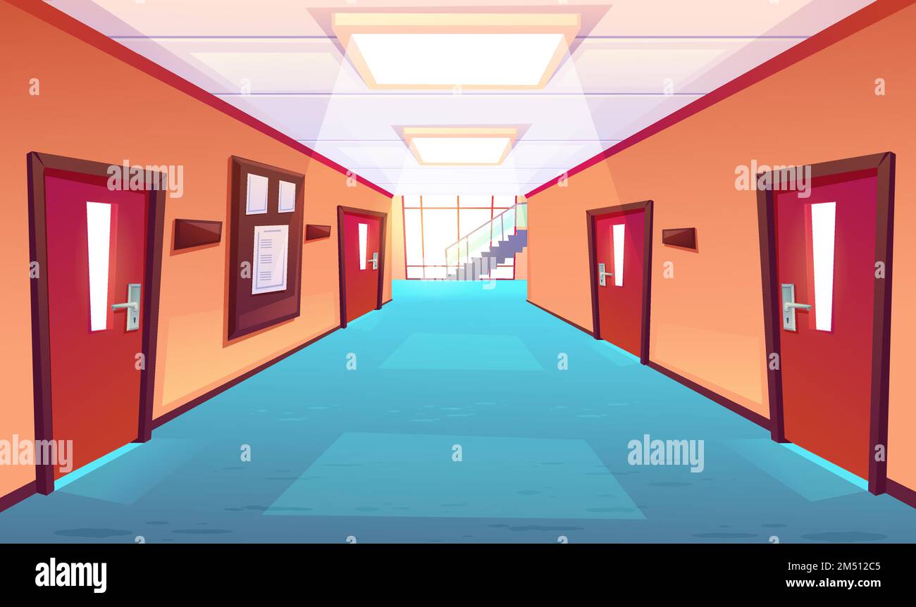 School corridor, hallway of college or university. Empty interior with closed doors, timetable board, floor-to-ceiling window, stairs perspective view. Educational campus, cartoon vector illustration Stock Vector