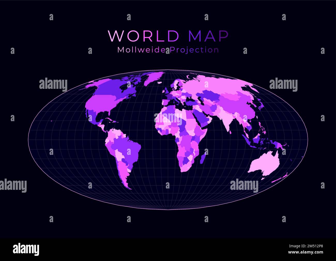 World Map. Equal-area, pseudocylindrical Mollweide projection. Digital world illustration. Bright pink neon colors on dark background. Authentic vecto Stock Vector