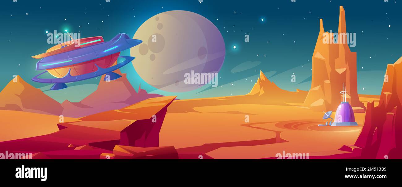 Landscape of planet Mars with colony base and flying rocket. Vector cartoon futuristic illustration of alien red planet surface, spaceship and dome building. Galaxy exploration and colonization Stock Vector
