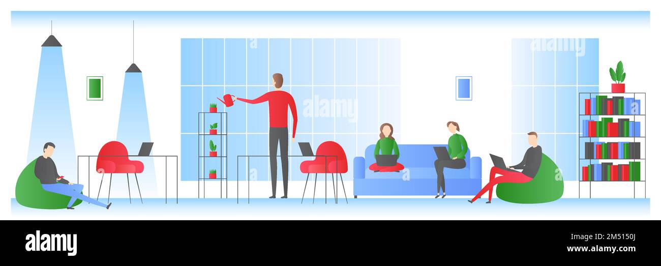 Employee working on laptops in modern office. Vector illustration. Stock Vector