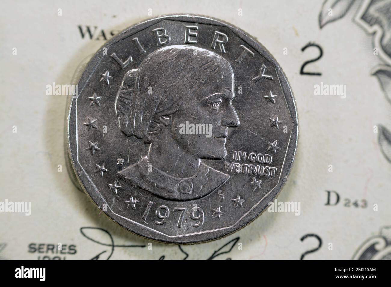 The Susan B. Anthony dollar, American 1 $ one silver dollar series 1979 features Suzie Anthony, women's rights activist in suffrage movement, old USA Stock Photo