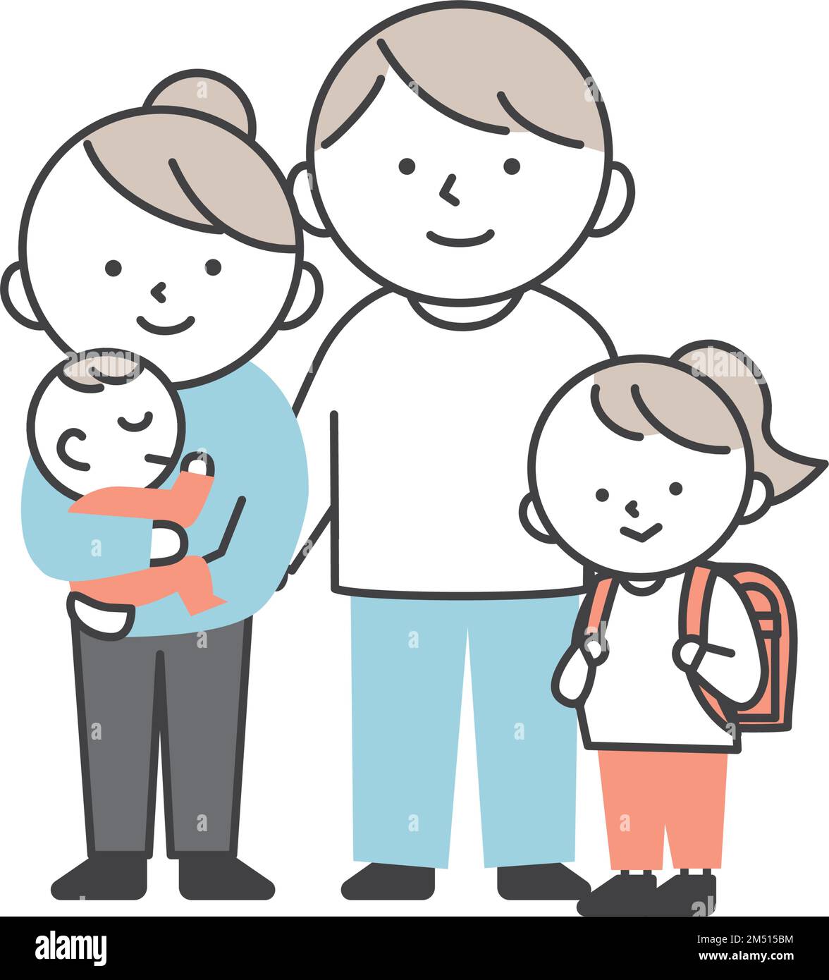 A family of four standing side by side. Father, mother, baby and elementary school girl. Stock Vector