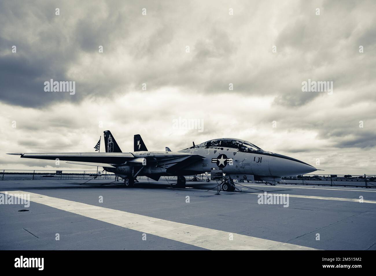 A scenic view of an F-14 Tomcat Fighter jet seen on the USS Yorktown Stock Photo