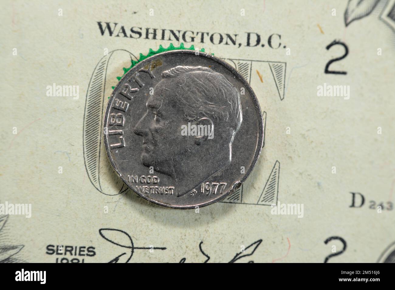 the dime coin, American money coin of 10 ten cents 1977 features the profile of Franklin D. Roosevelt the 32nd president of the United States of Ameri Stock Photo