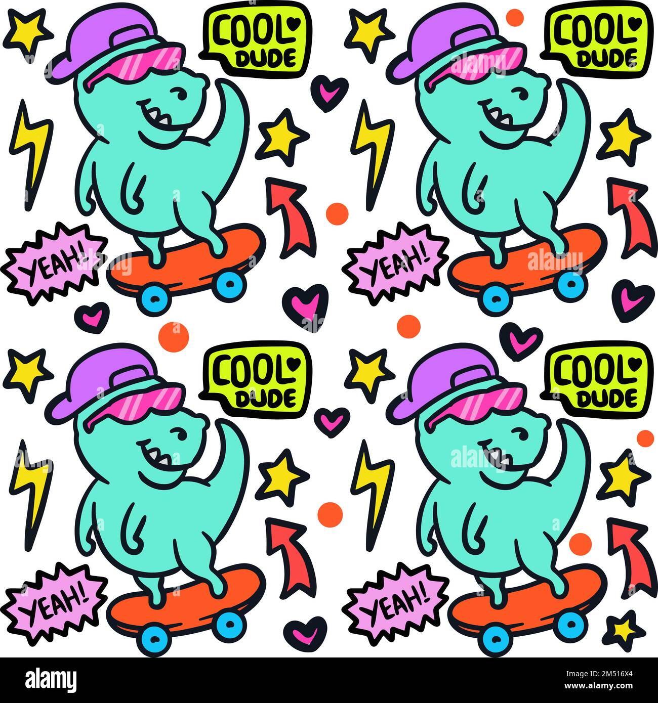 Hand drawn funny little dinosaur riding skateboard doodle illustration seamless pattern. Can be used for kids apparel, fabric, nursery decoration, wra Stock Vector