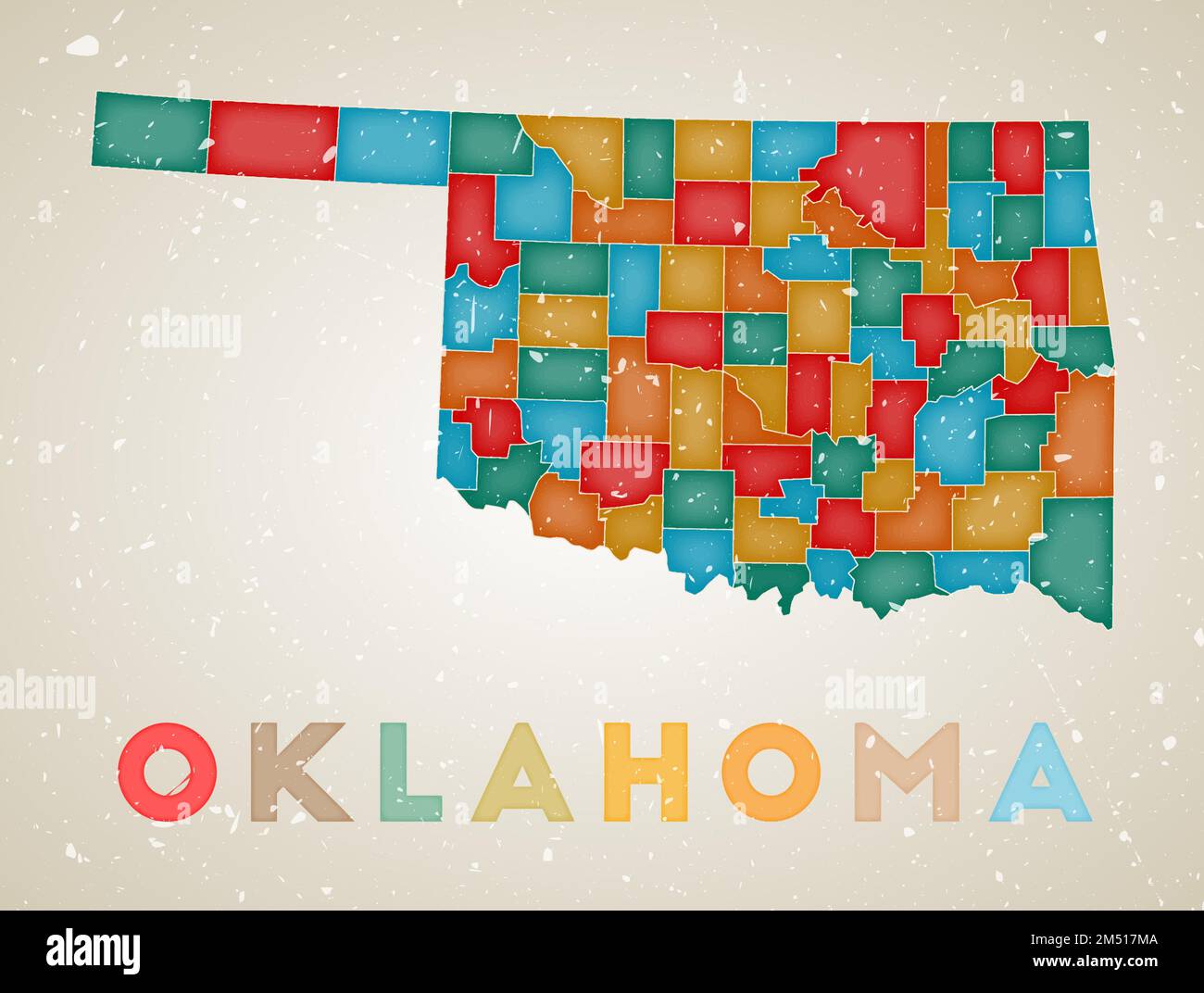 Oklahoma map. Us state poster with colored regions. Old grunge texture. Vector illustration of