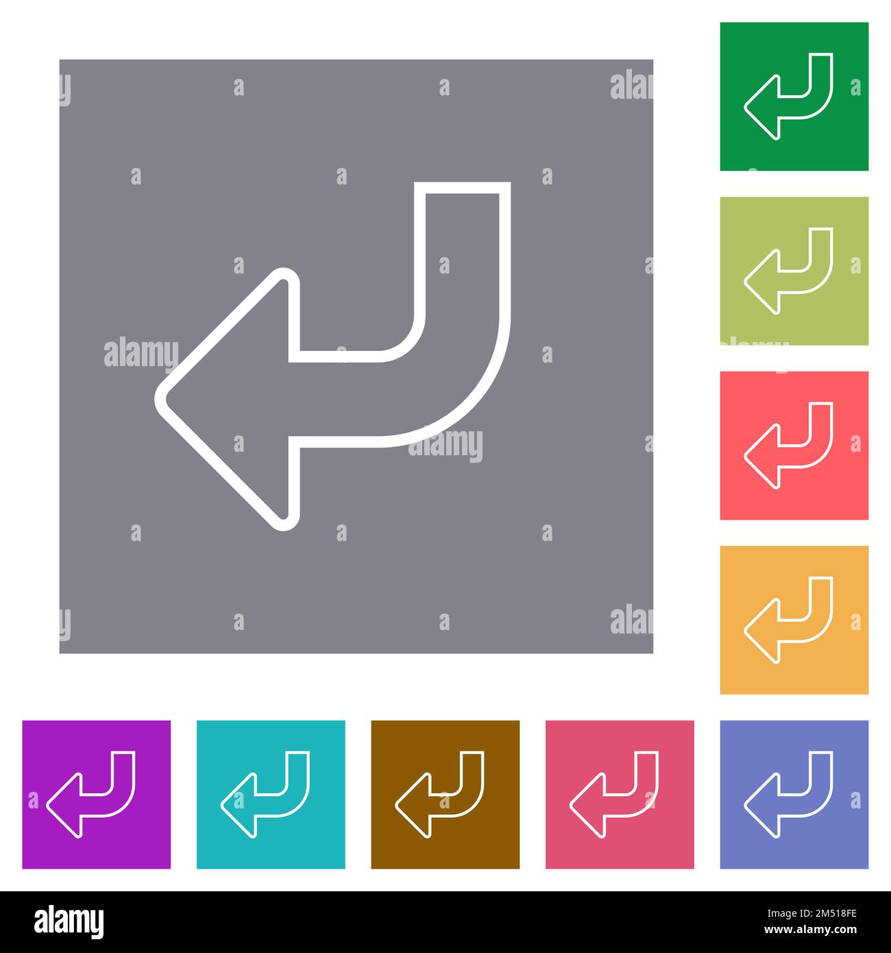 Bottom left side turn arrow solid flat icons on simple color square backgrounds Stock Vector