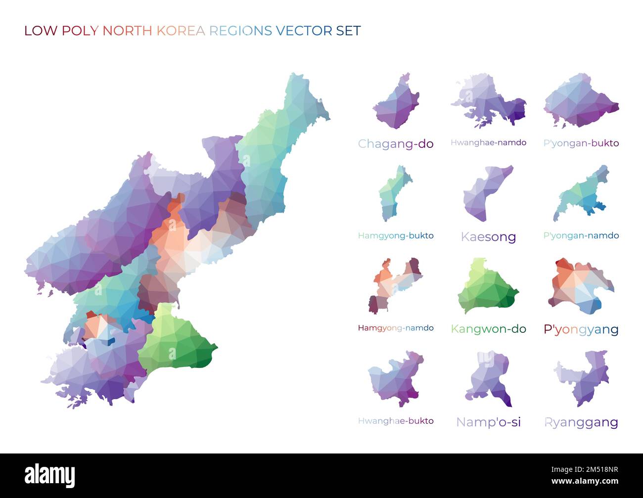 North Korean low poly regions. Polygonal map of North Korea with ...