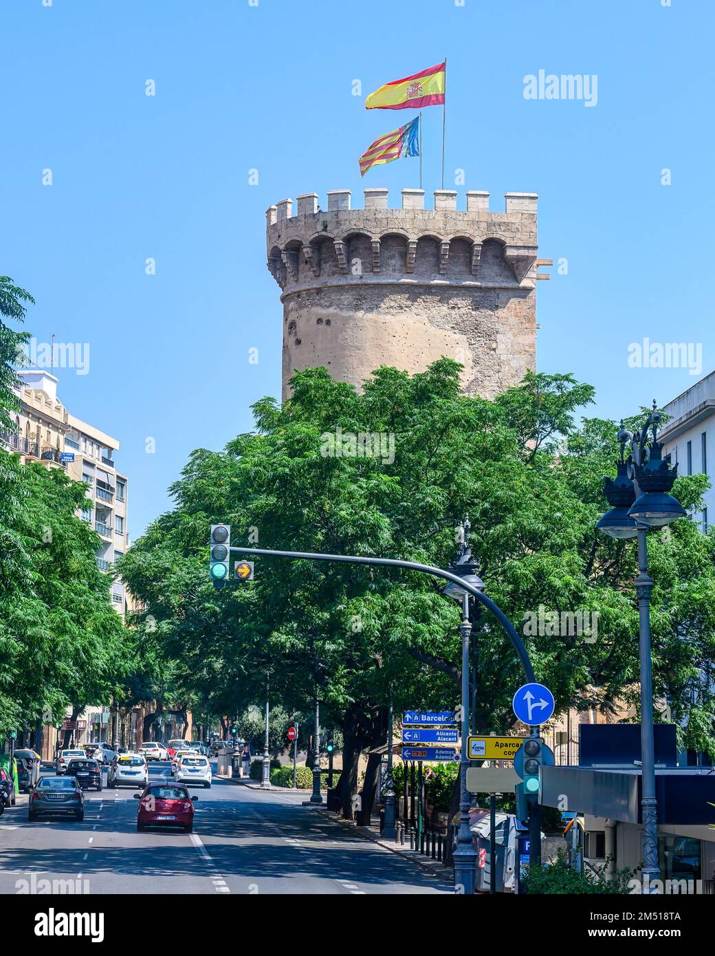 Torres de Serranos or Serranos Towers with the Spanish and Valencia